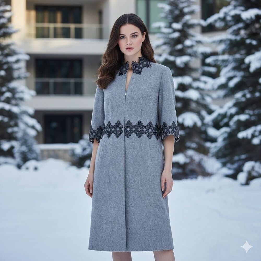 NWT Peggy Jennings Gray Custom Evening Coat Appliqué Detail Medium